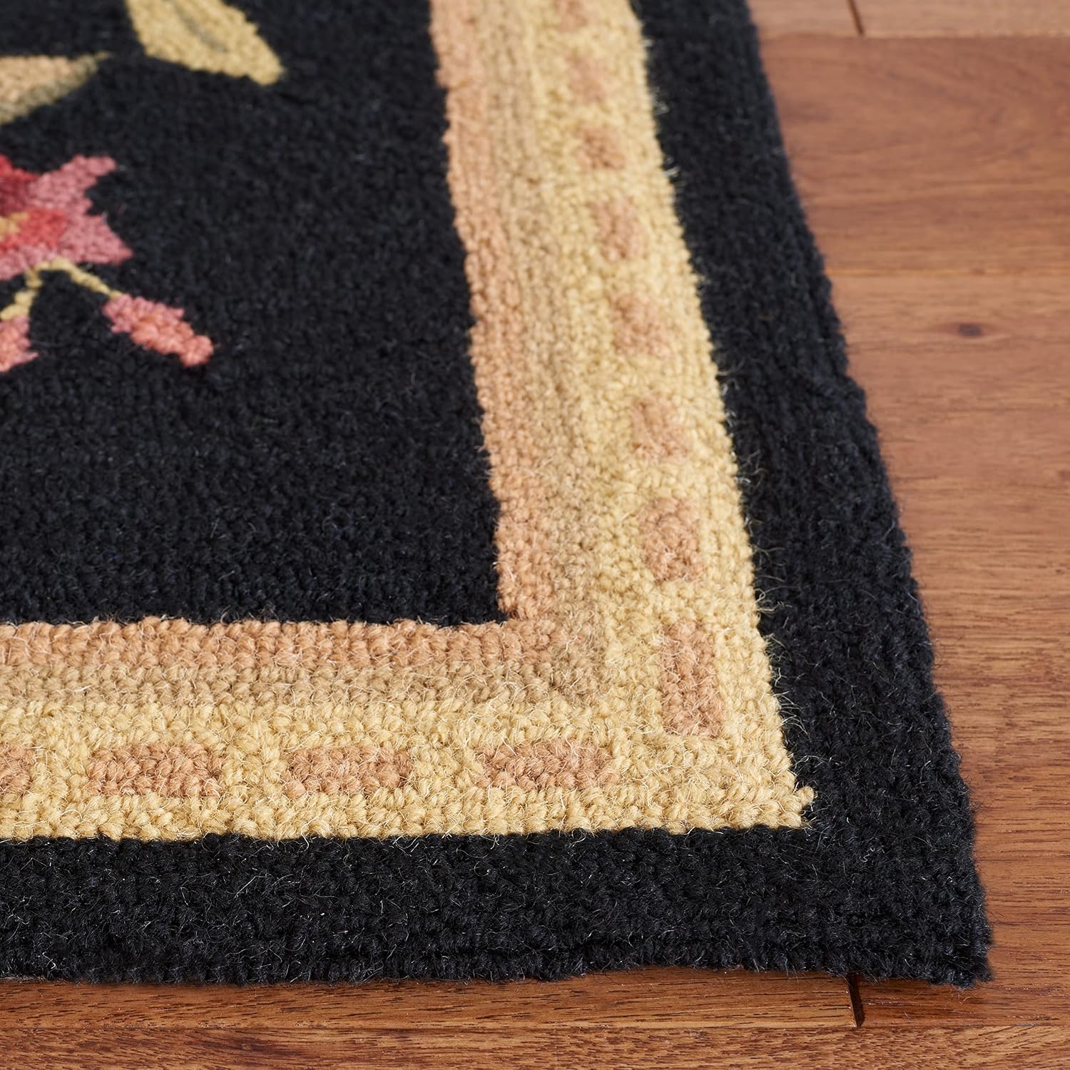 Black Hand-Hooked French Country Wool Rug
