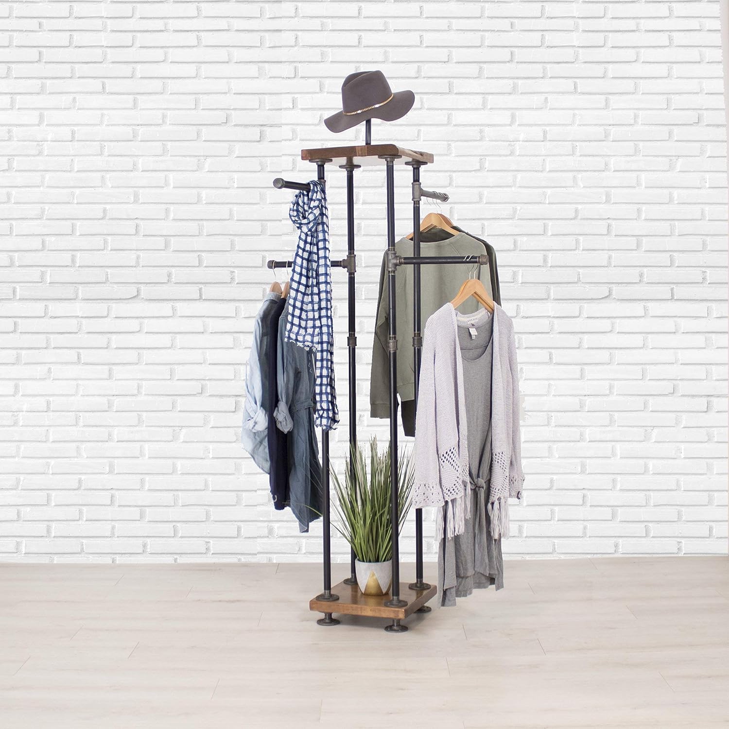 4-Way Wood Pipe Garment Display Rack