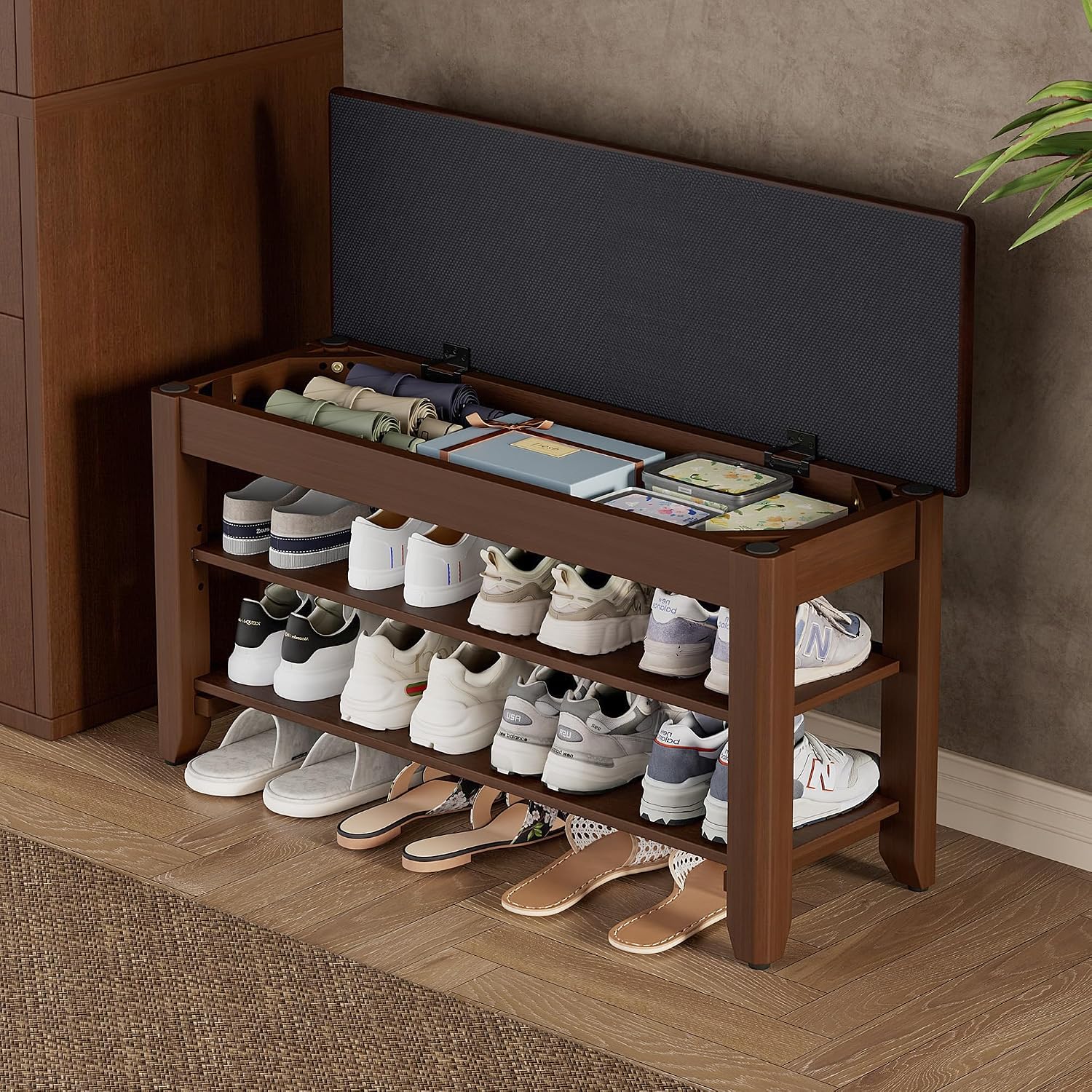 Walnut Cushioned Flip-Top Wood Shoe Bench