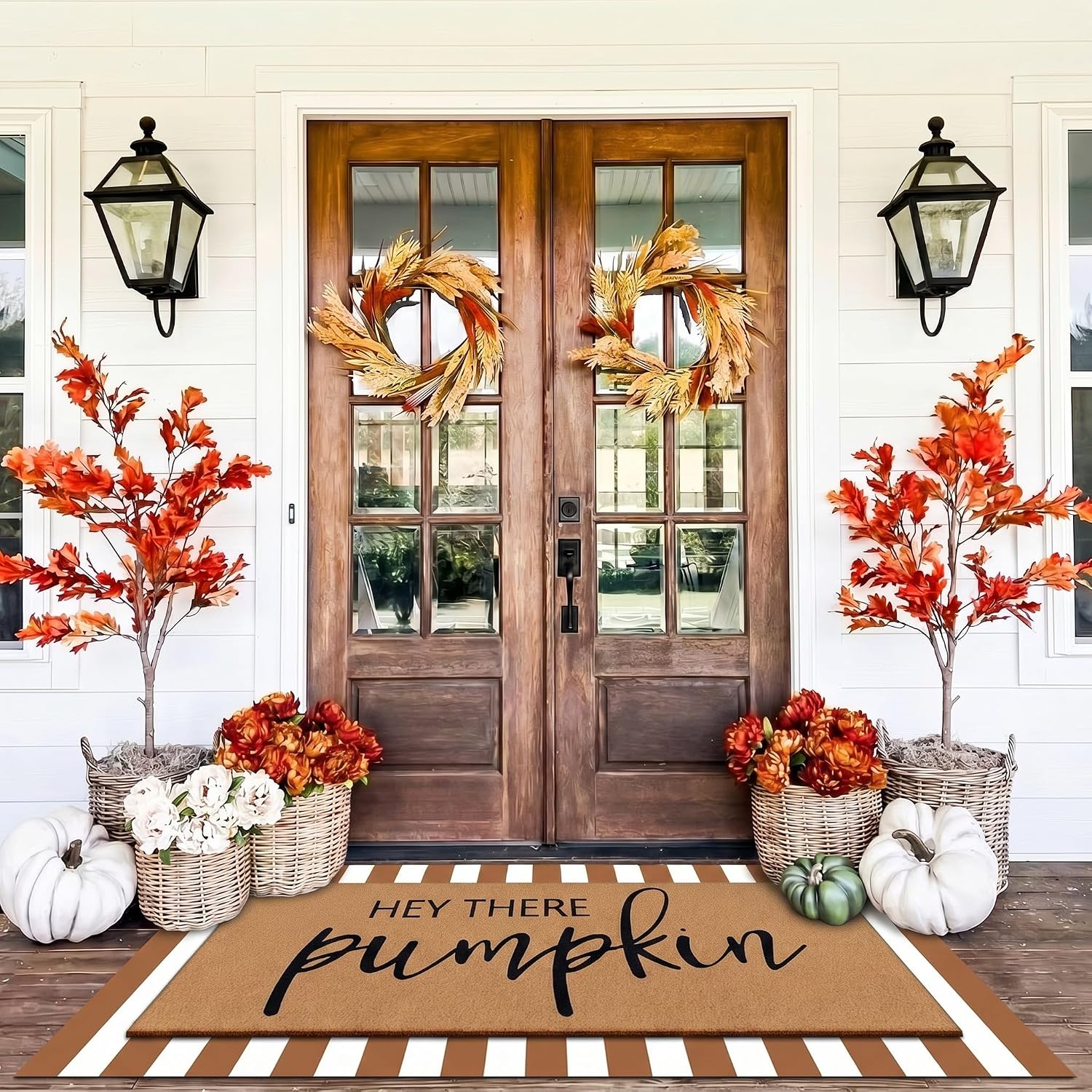 Hey There Pumpkin Fall Striped Layered Doormat