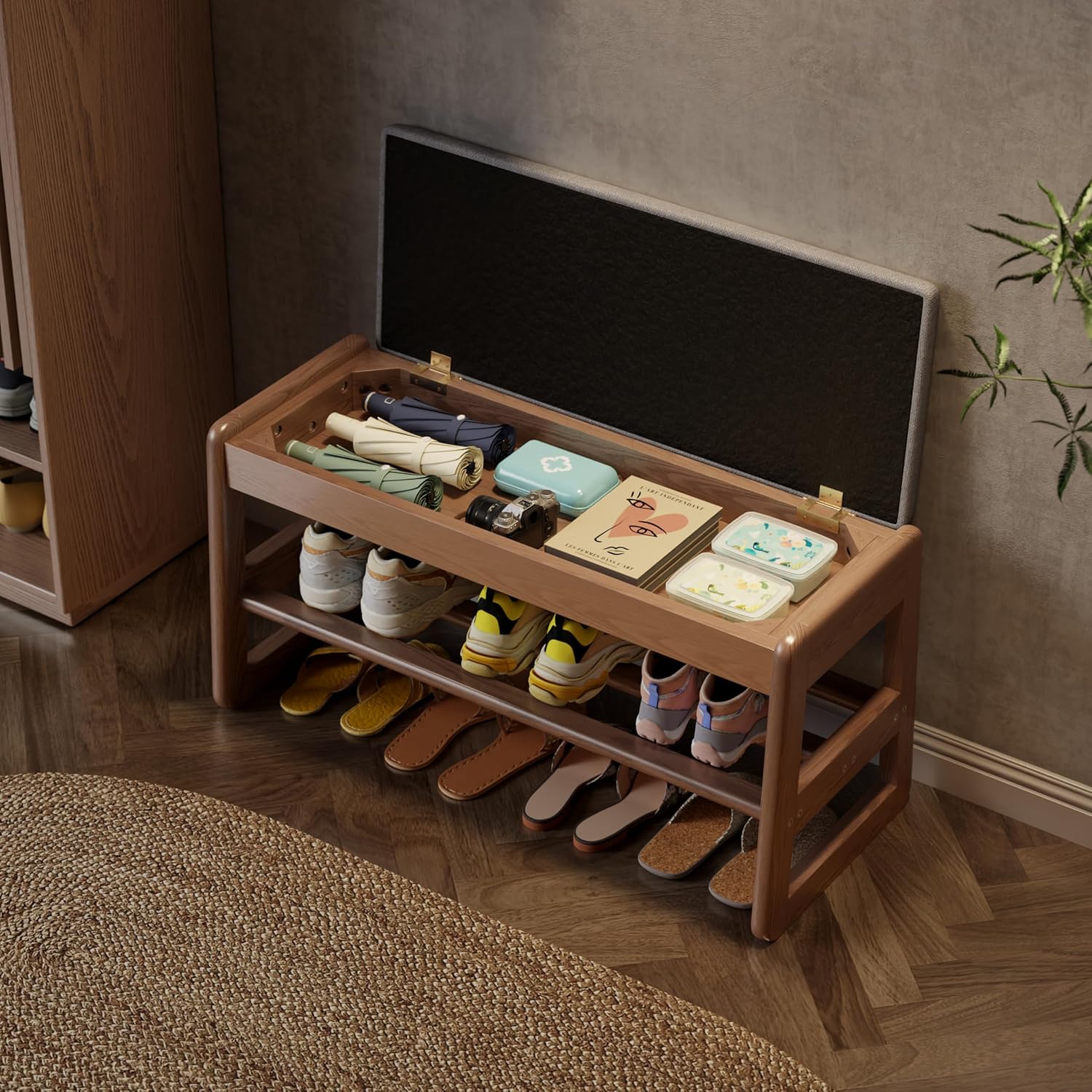 Walnut Upholstered Flip-Top Shoe Bench