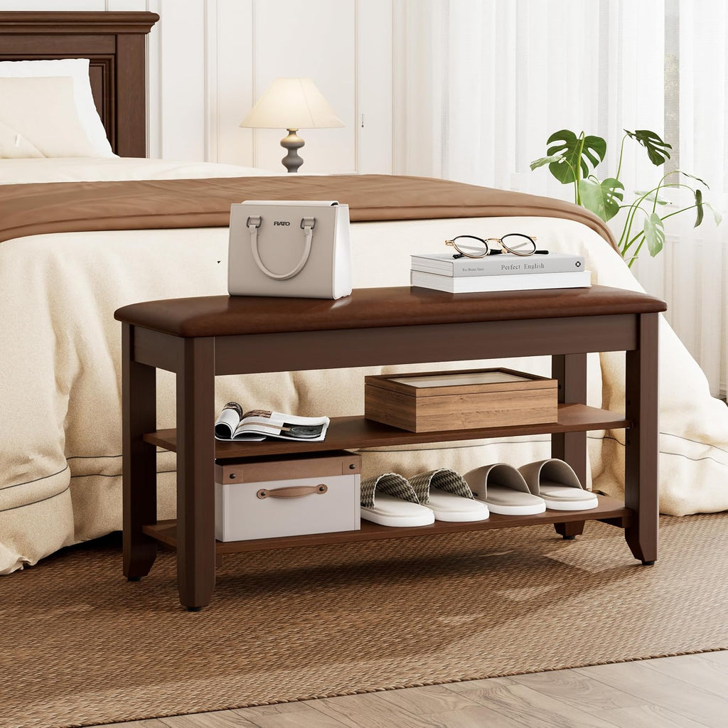 Walnut Cushioned Flip-Top Wood Shoe Bench