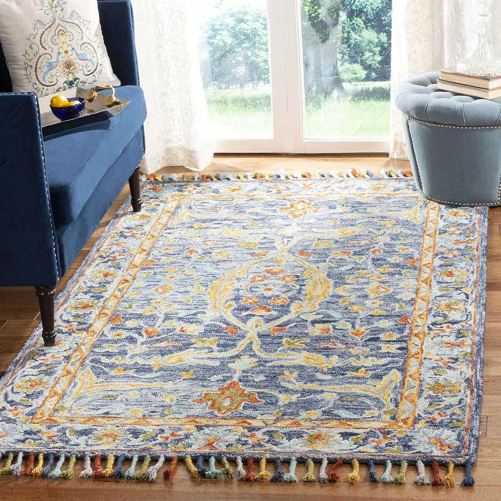 Blue Rust Braided Tassel Wool Rug