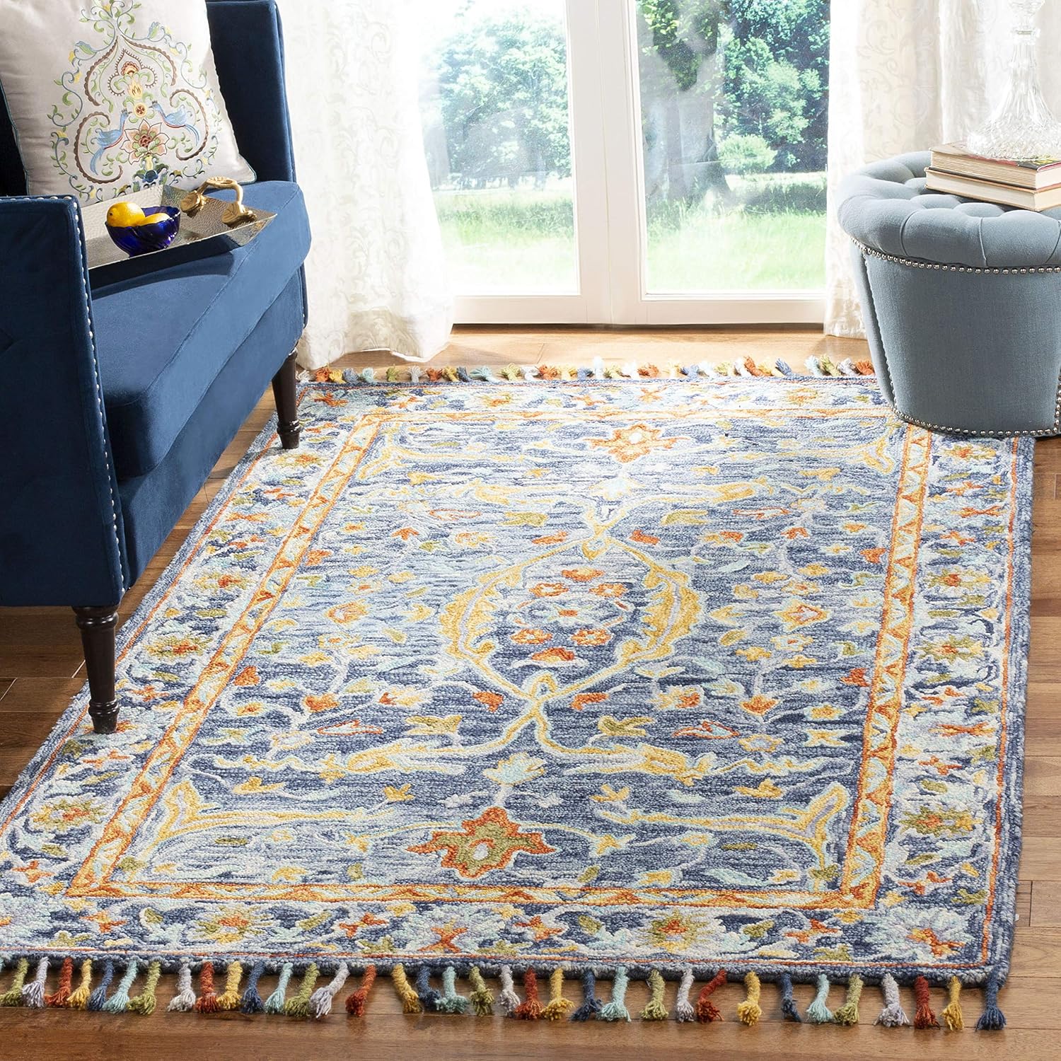 Blue Rust Braided Tassel Wool Rug